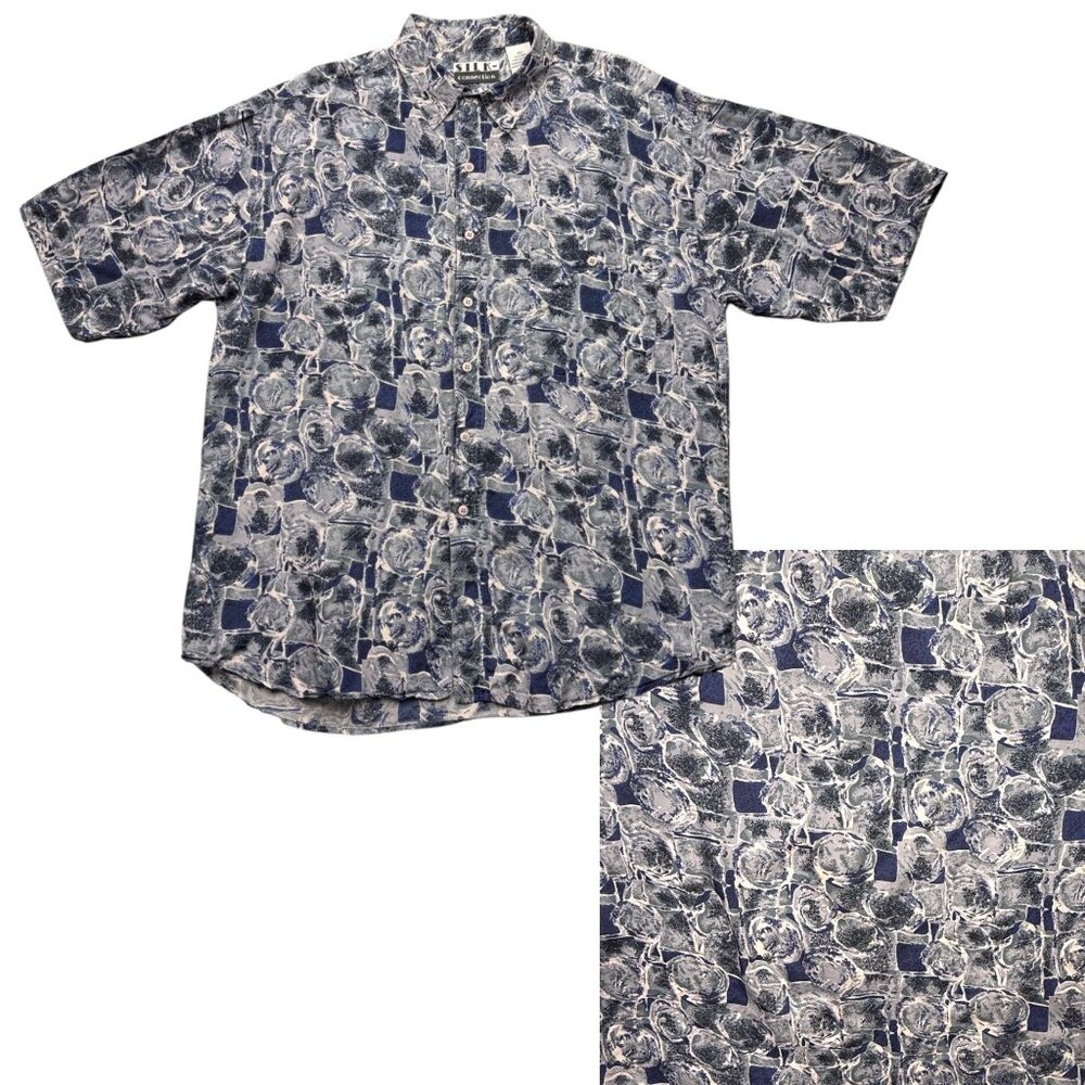 VTG 90s Silk Connection Abstract‎ Print Button Up Shirt Blue Retro Beachy Mens L